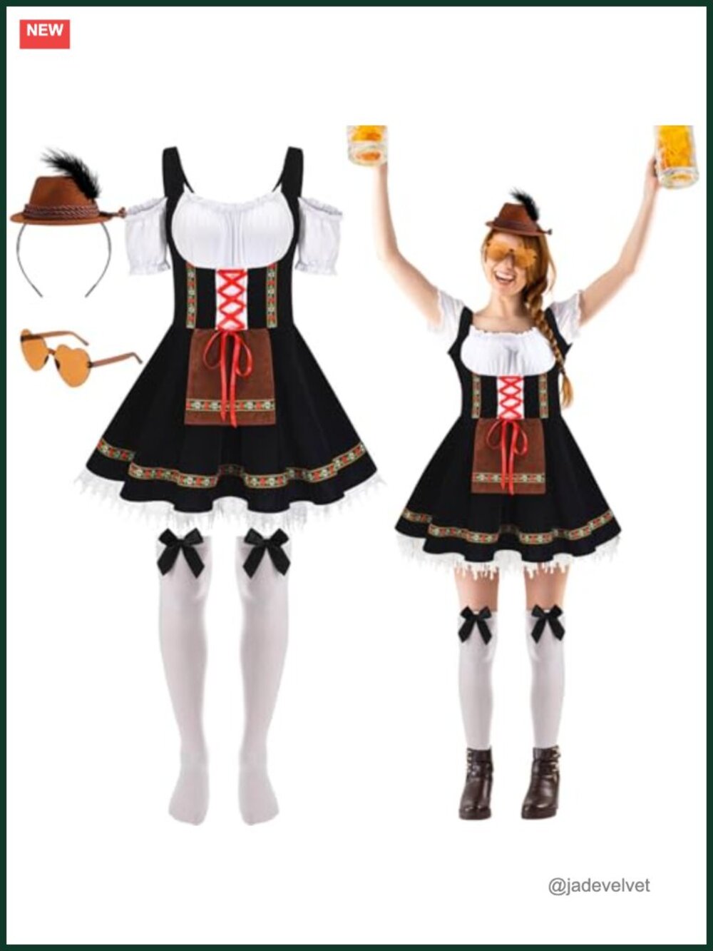 Oktoberfest Costume Set Women Dirndl Dress with Headband Socks Sunglasses Plaid